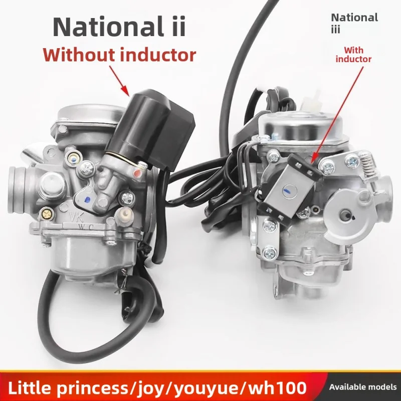 

The motorcycle carburetor assembly is applicable to WH100T-F, SCR, and GCC100 models of both Class II and Class III standards.