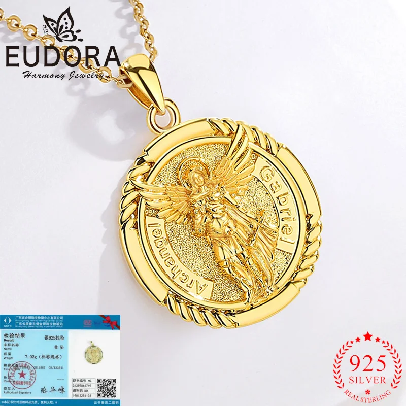 Eudora 925 Sterling Silver Saint Gabriel Necklace 18K Gold Archangel Amulet Religious Rune Pendant Fine Jewelry Gift for Men