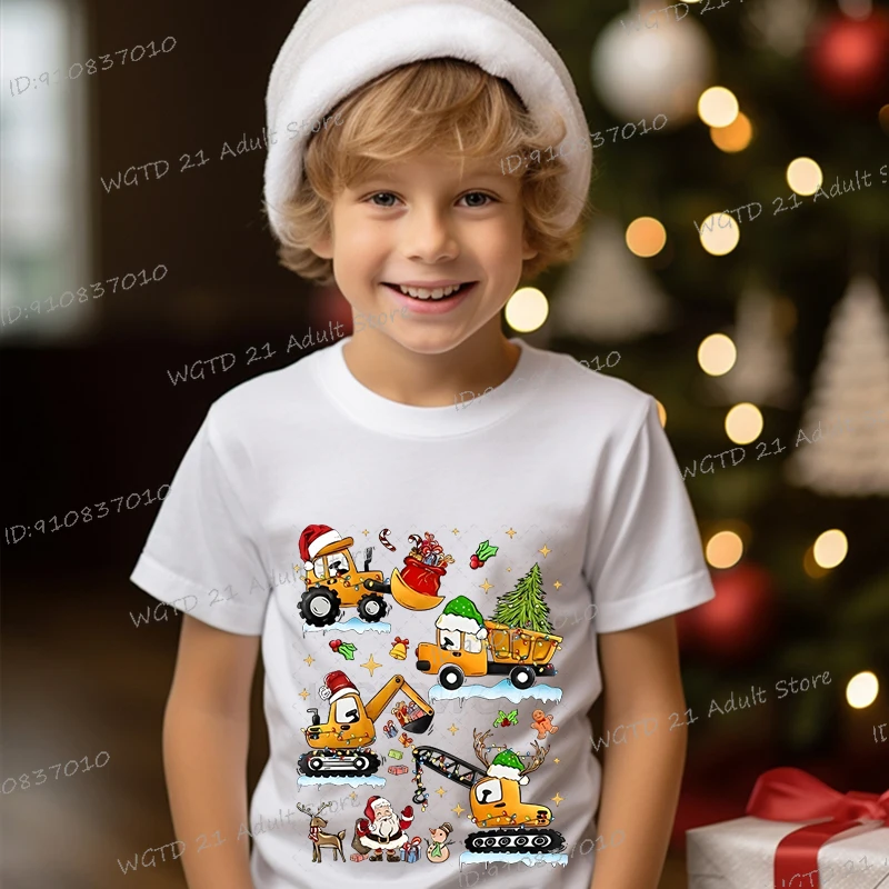 

New Fashion Christmas Tractor Print T-shirt Boys Girls Casual Short Sleeve Truck Tractor Pattern Cotton Tee Merry Christmas Tops