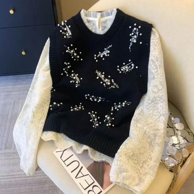 Primavera e outono novo design sentido indústria pesada frisado colete de malha colete feminino jaqueta