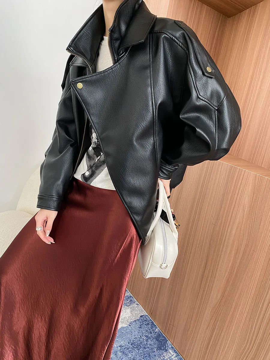 

Women Fall Motorcycle Black Leather Jacket