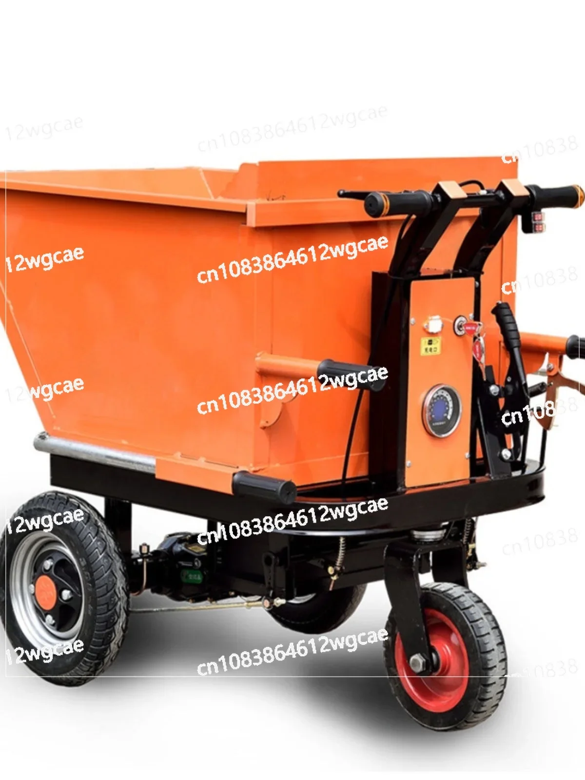 Three wheeled electric hand carts for transporting goods on construction sites and flatbed trucks for transporting ash hoppers