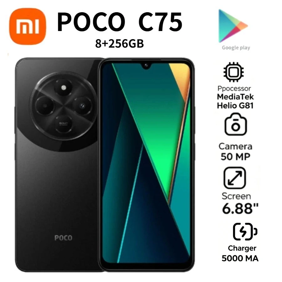 POCO C75 Global Edition Android Phone 6.88 Inch 120Hz Display 5160mAh Battery 8GB+256GB Dual SIM 2026 Latest Model