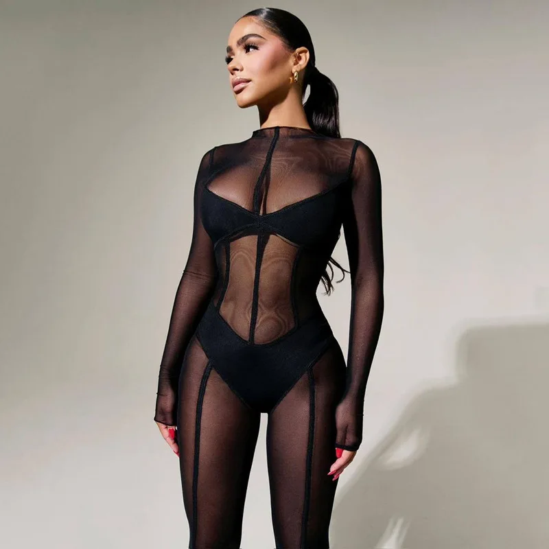 

European and American Style Long Sleeved Mesh Pants Summer New Women's Sexy See Through Jumpsuit