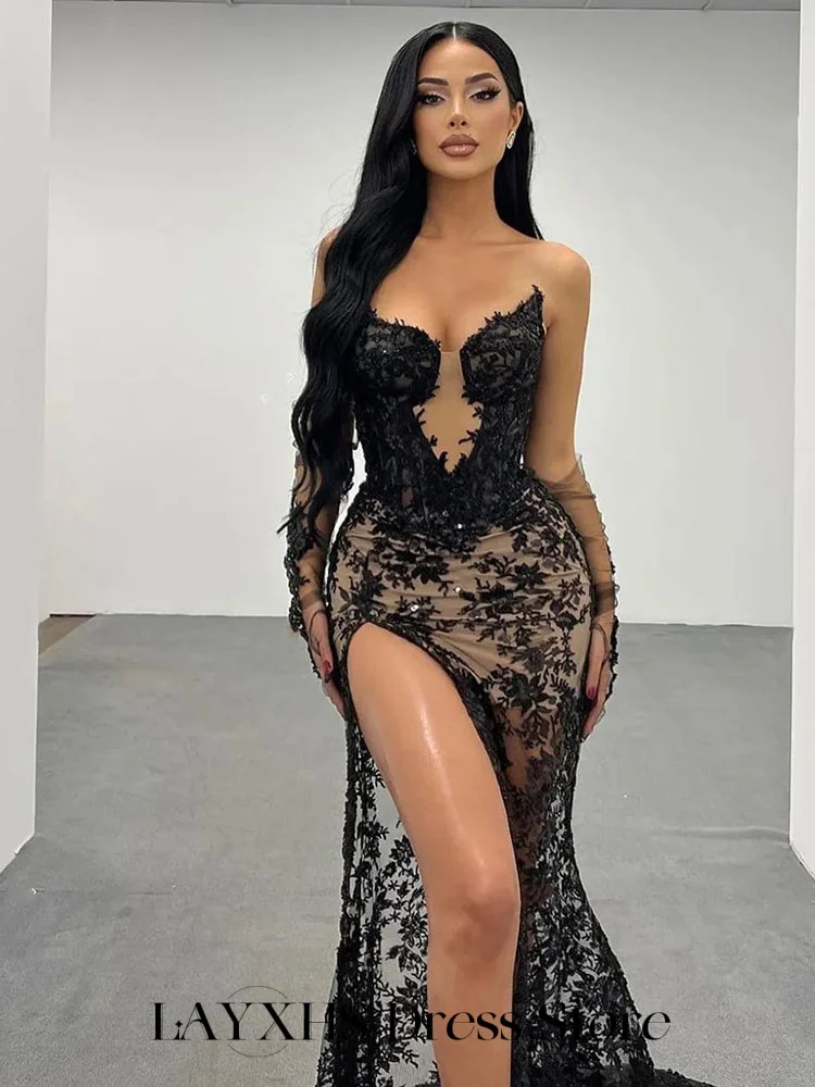 LAYXHS فساتين سهرة رسمية مثيرة من الدانتيل الأسود على شكل قلب بدون حمالات حورية البحر بفتحة جانبية فساتين لحضور الحفلات الموسيقية مخصصة من Fساتين Sheer
