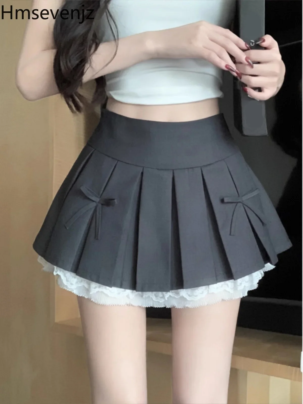 

Academy Style Versatile Spicy Girls High Waist Slim Short Skirts Girl Spring Bow Lace Sexy Solid Color Pleated Skirt for Women
