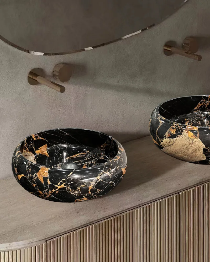 Umywalka łazienkowa z naturalnego marmuru Portoro, najnowszy design, polerowany kamień, okrągła, czarna marmurowa umywalka.