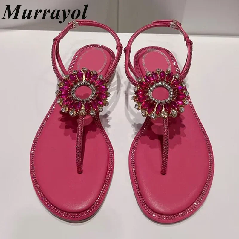 Sandalias One Strap Pinch Toe Real Leather Women's Flower Rhinestone Decor Ankle Strap Flat Sandals Summer Vacation Shoes 2025