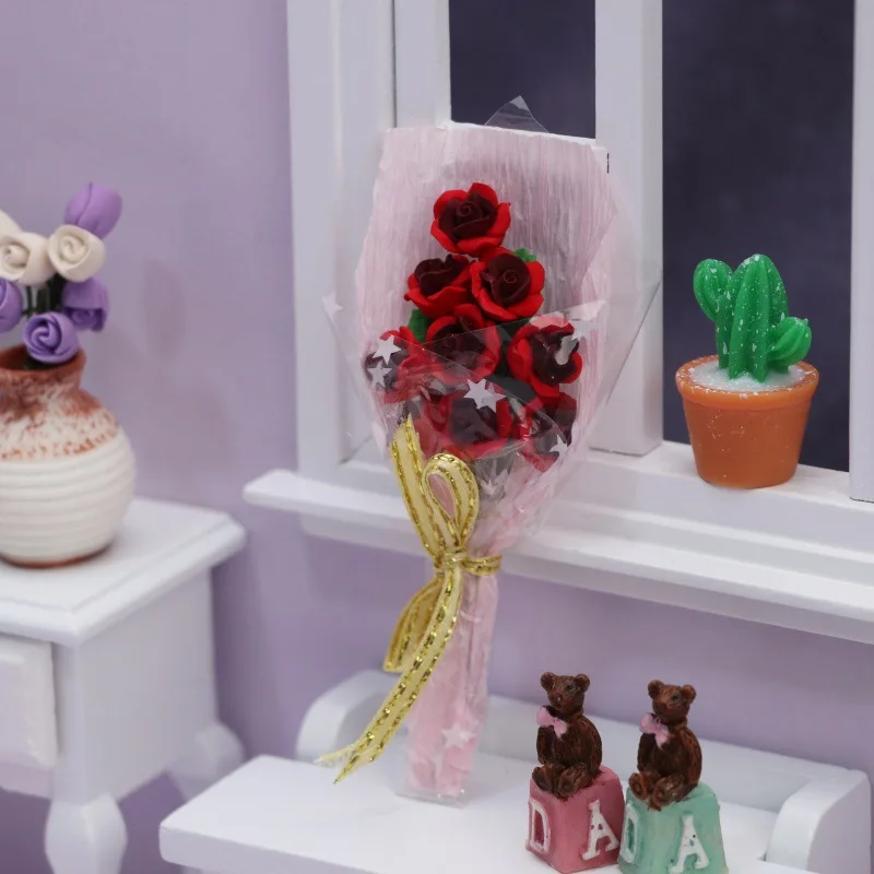 1:12 Dollhouse Mini Simulation Red Roses Home Decoration & Ornament OB11 Miniature Items Bridal Bouquet Nosegay OB11 Girls Toys