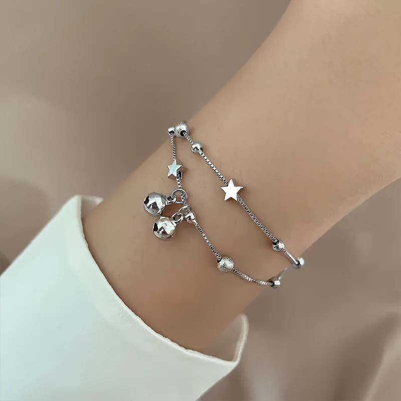 PANJBJ 925 Stamp Silver Color Double Layer Star Bracelet for Women Girl Small Bell Frosting Jewelry Gift Dropship Wholesale