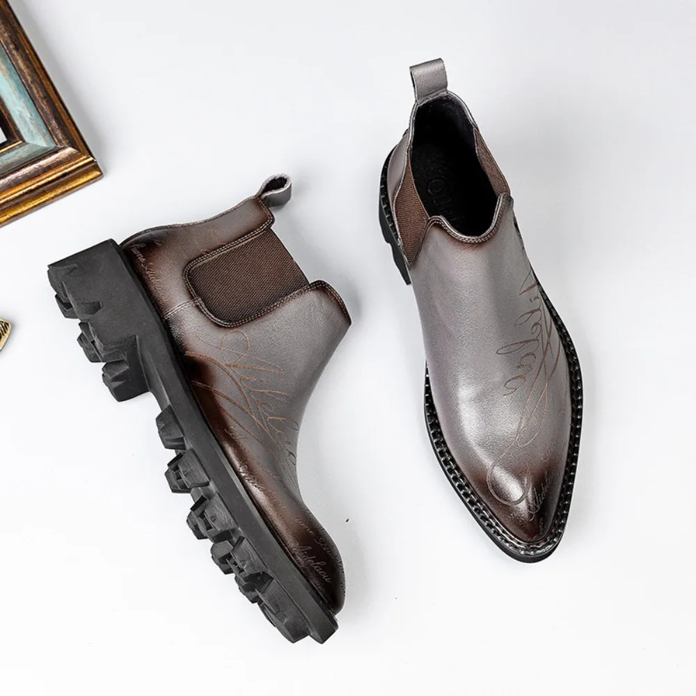 Genuine Leather Dress Shoe for Men Autumn Winter Soft-soled Increased Men Leather Boots New Designer Platform Chelsea Boots Male
