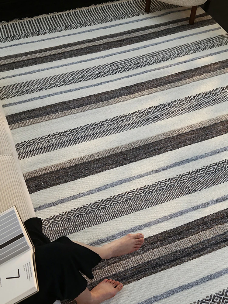 No Glue Woven Wool Living Room Carpet Simple Black White Retro Home Floor Bedroom Rug Luxury Tassel Bedside Handmade Mat