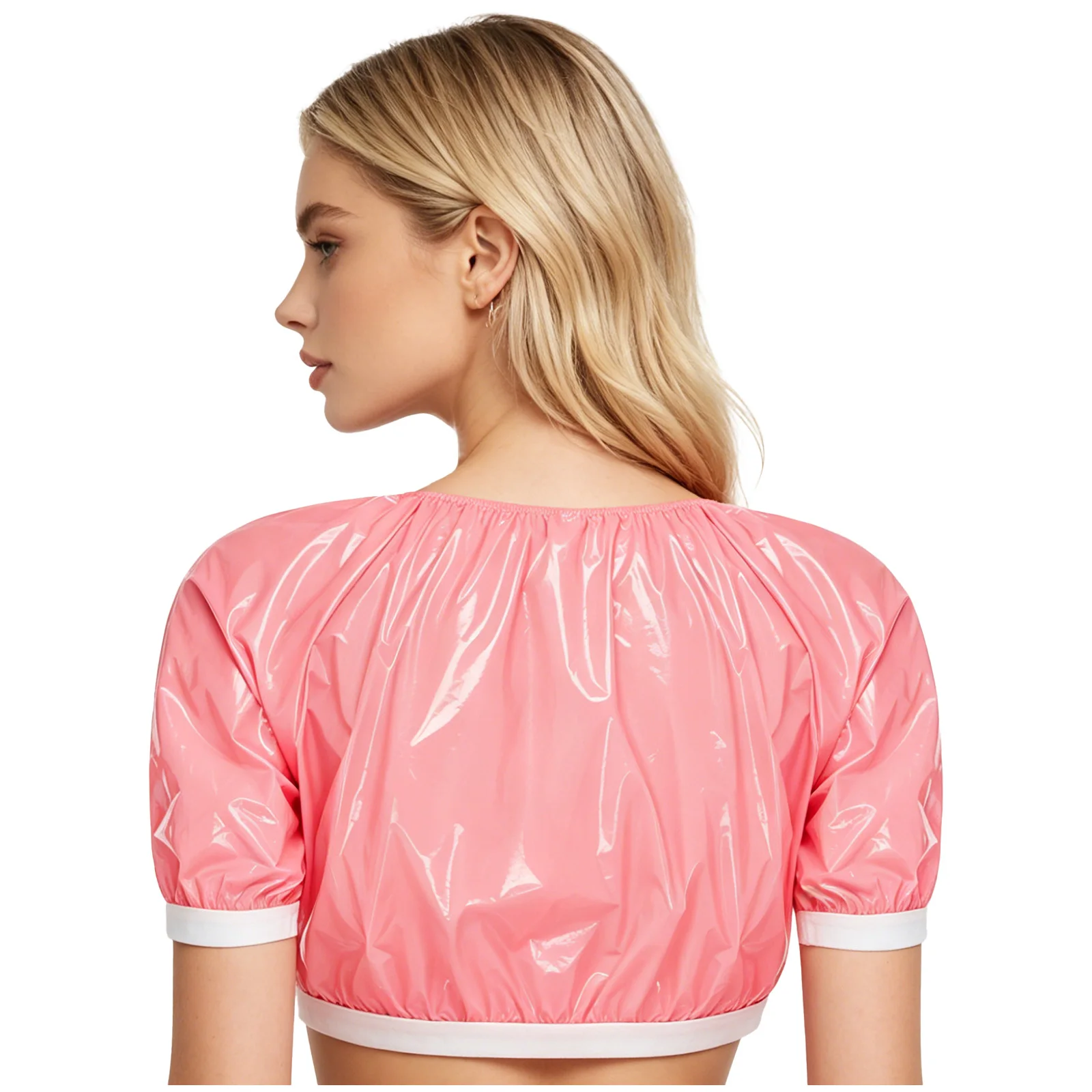 Women Glossy Vinyl Crop Top Waterproof Elastic Trims Short Sleeve Swim Top Breathable Stretchy Shiny Rave Club Clubwear Summer