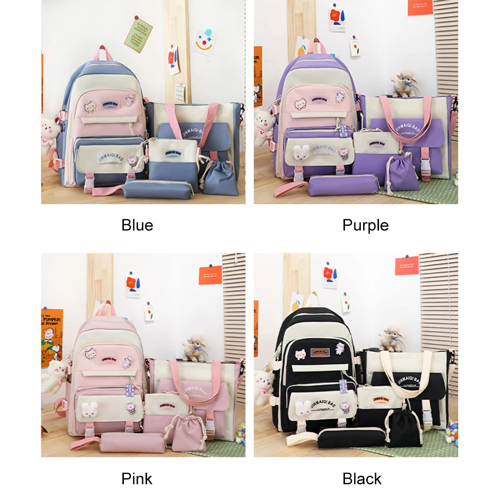 5pcs Shoulder Backpack Kawaii Cute School Book Pack Badge Pins Pendant Student Girl Knapsack Combo Set Travel Work Bagpacks