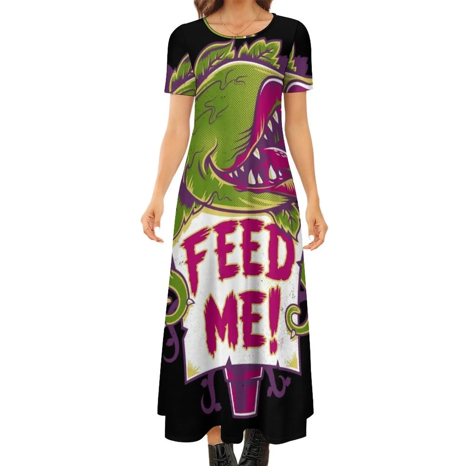 

Feed Me - Creepy Cute Audrey Plant - Vintage Spooky Horror Musical Round Neck Short Sleeve Dress