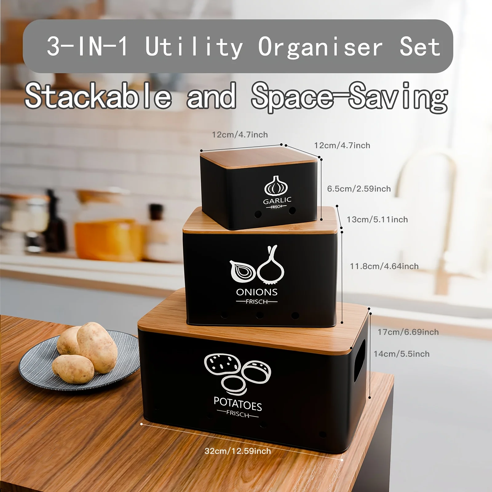 3pcs Vegetable Storage Box, Potato Onion Garlic Storage Jar, Metal Vegetable Crisper, Kitchen Food Pantry Organization Jar