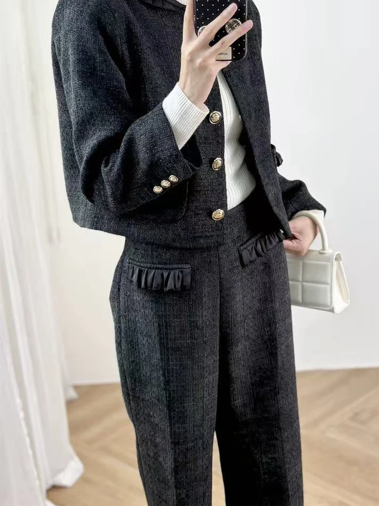 

Autumn Winter Sweet Ruffles Edge Tweed Jacket Women Elegant Temperament Long Sleeve Coat or Loose Straight Long Pants Female