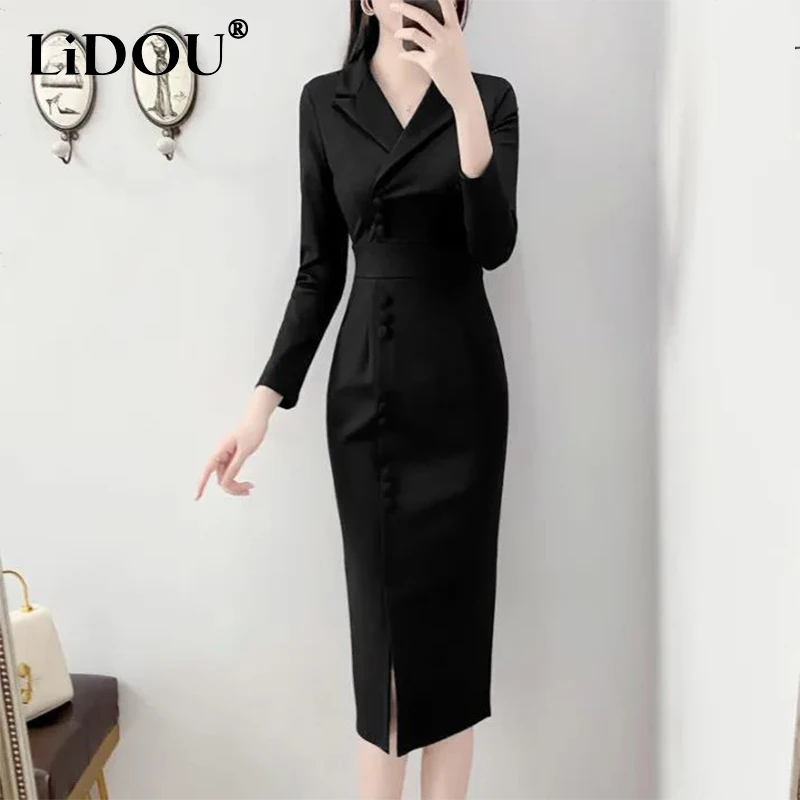 

Spring Autumn Office Lady Elegant Fashion Bodycon Dress Female Long Sleeve Solid Color Vocation Robe Women Temperament Vestidos