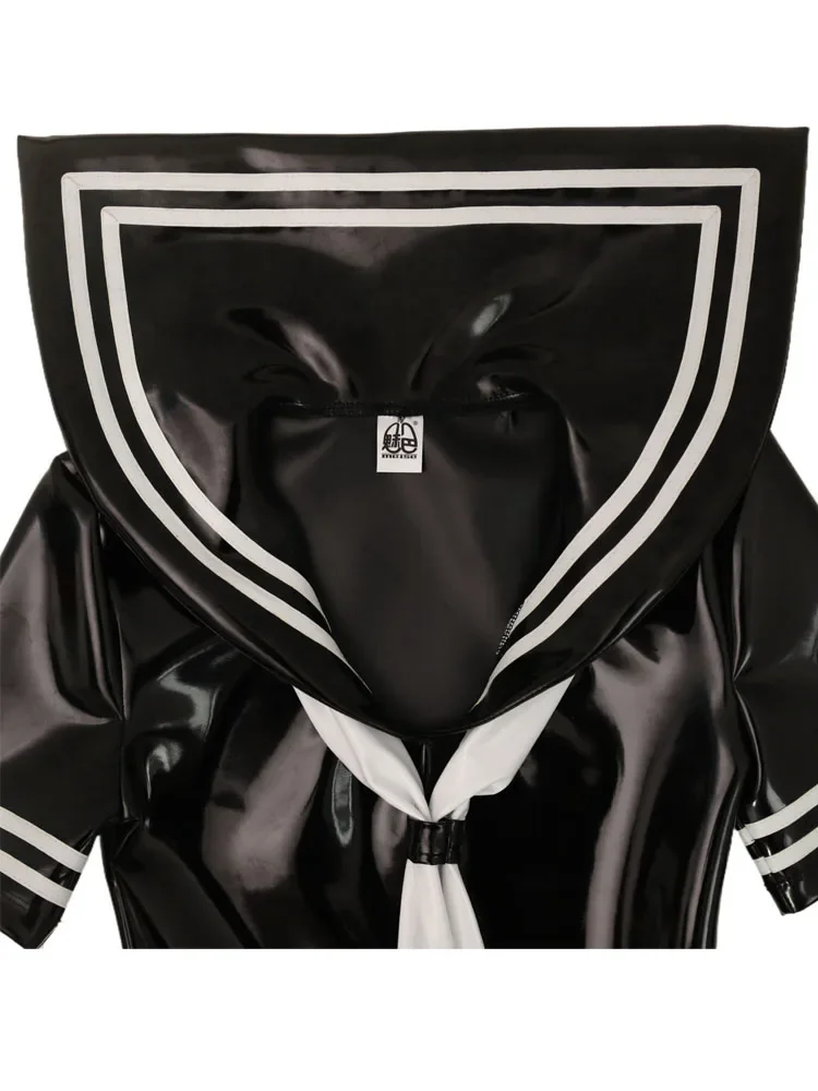 

Сексуальное женское двойное плиссированное платье из искусственной кожи с мокрым эффектом, ПВХ, с коротким рукавом, матросским воротником, косплей, униформа горничной, платья трапециевидной формы, Vestido