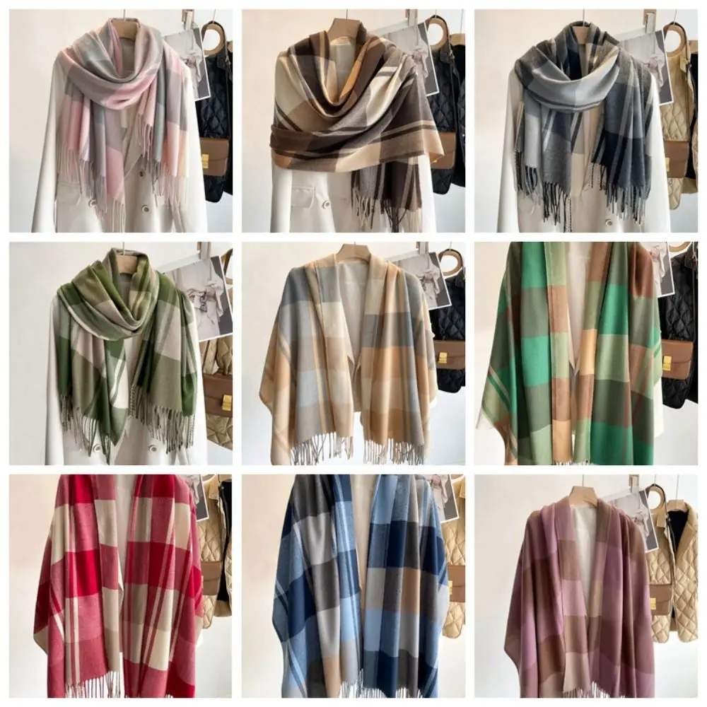 Casual Windproof Plaid Scarf Keep Warm Thick Imitation Cashmere Shawl Tassel Long Shawl Wrap Apparel Accessories