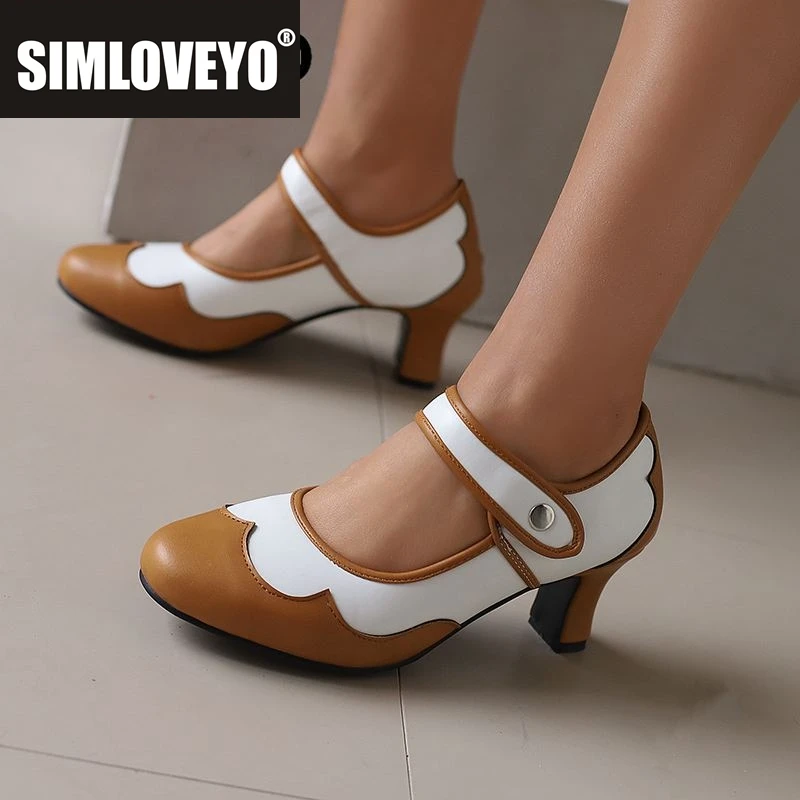 

SIMLOVEYO Новые женские туфли-лодочки с круглым носком, стеклянные каблуки, пряжка, ремни, разноцветные, большие размеры 46, 47, 48, милые женские туфли Мэри Джейн