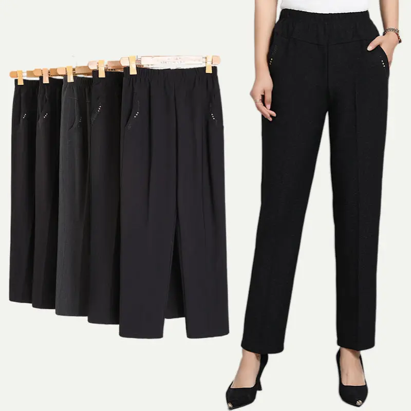 Middle-aged And Elderly Women's Winter Thicken Warm Pants Casual High Elastic High Waist Pants Mother Straight Trousers