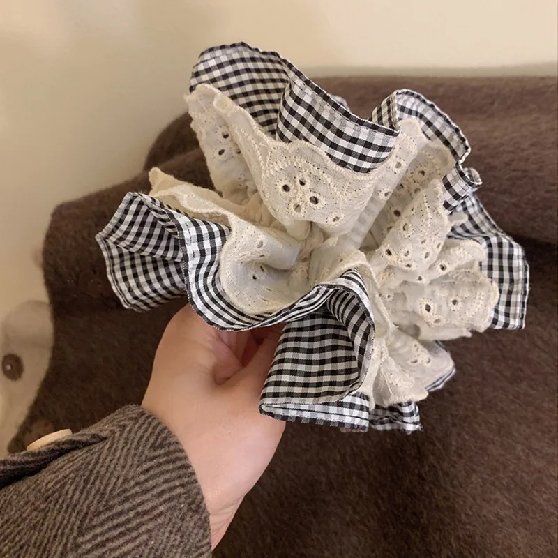 女性のヘアネクタイ二層レース市松大腸ヘアバンドかわいい女の子のためのフレンチレトロバレエスタイルエレガントなヘアネクタイ