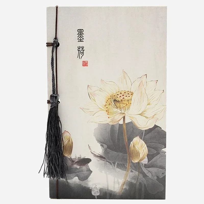 Estilo chinês Lotus Vintage Notebook com Tassel, Kraft em branco, artesanato portátil, Mini Notepad