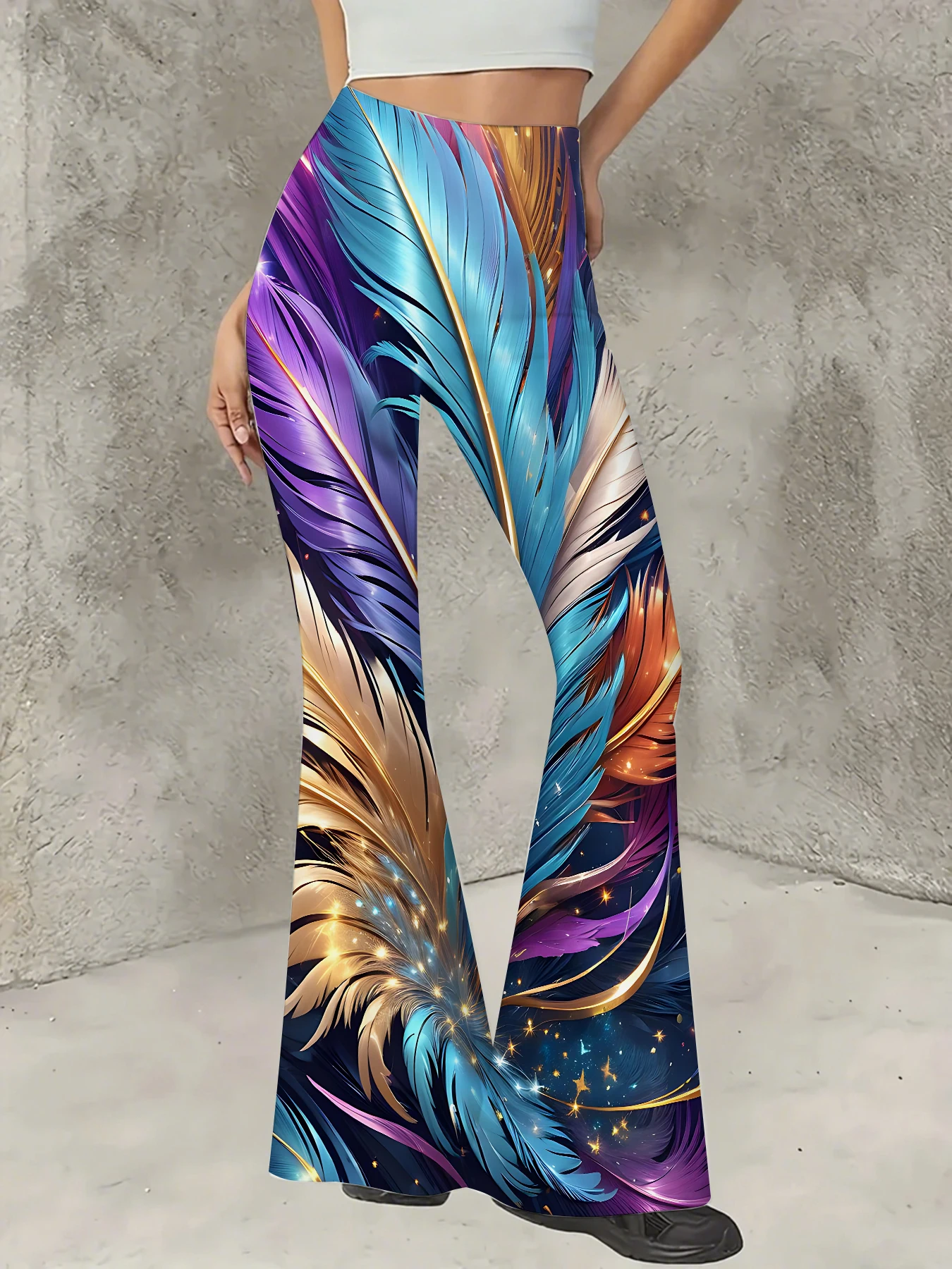 

Retro Printed Flare Pants Women High Waist Polyester Knit Bell Bottom Trousers