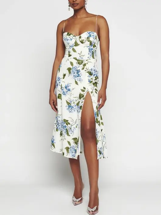 

Summer 2023 Holiday Sexy Printed Midi Dress Women Elegant Slim Fit Split Lace up Dresses