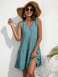 Women's Solid Sleeveless Dress Summer Fashion V Neck Boho Beach Sexy Dresses Ladies Elegant Plus Size Casual Mini Sundress