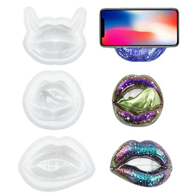 3 Piece Lips Resin Mold 3D Phone Holder Phone Stand Molds Ornament Silicone UV Epoxy Casting Molds B