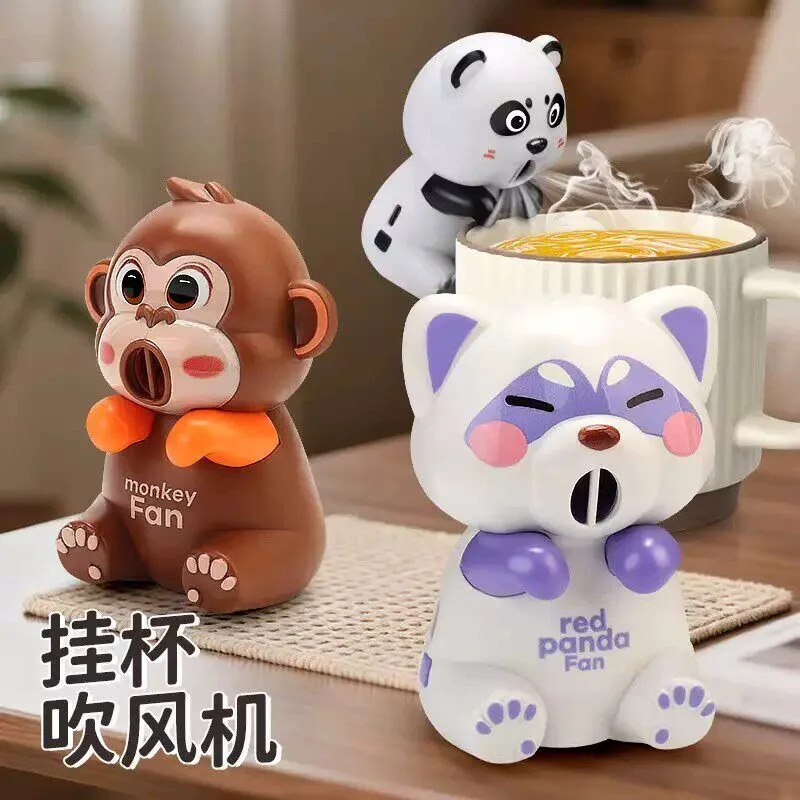 Cute pet cartoon can hang cup blowing hot water cooling small fan office desktop ornament