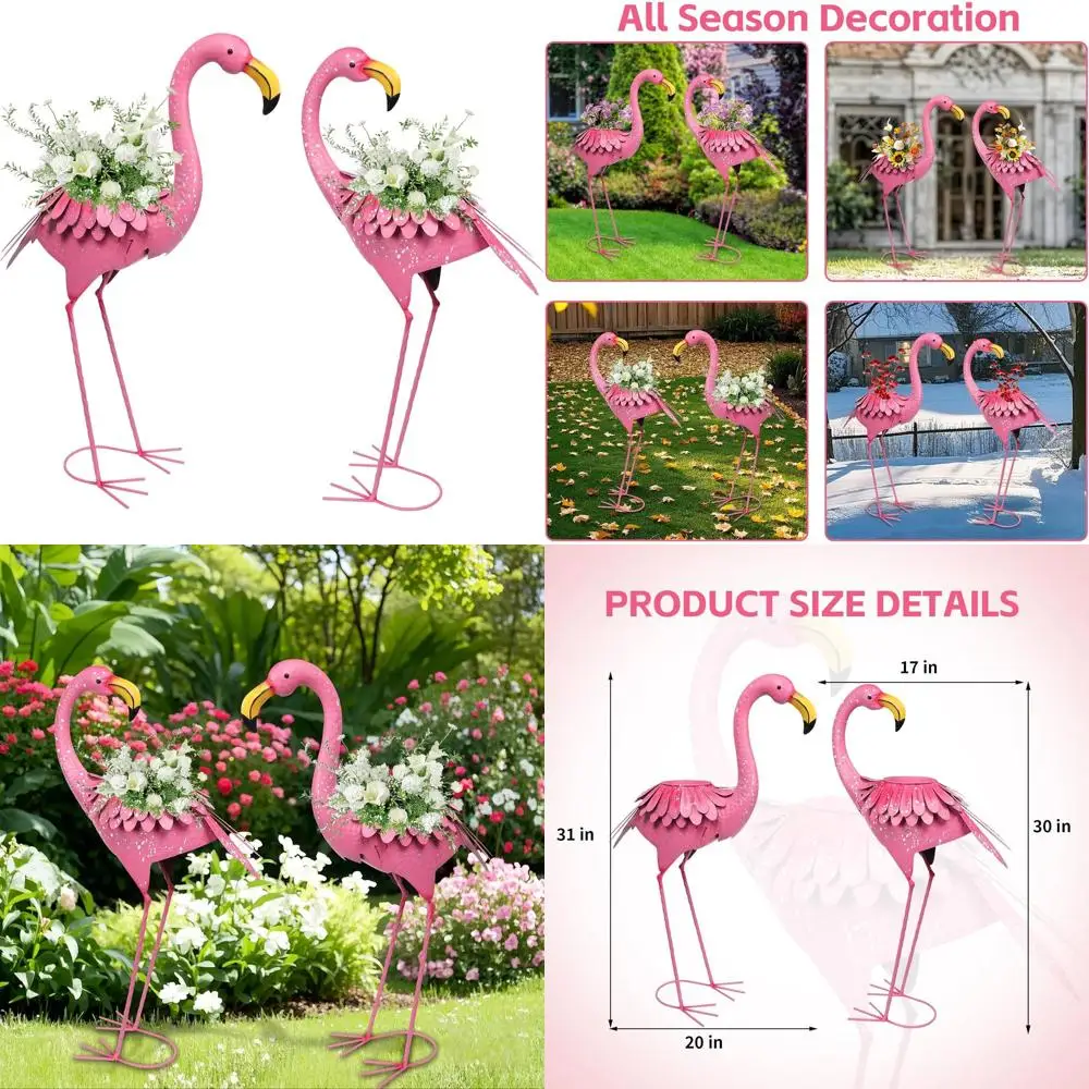 

Metal Flamingo Planters - Set of 2 Garden Statues, Outdoor Patio Decor, Yard Art for Pond and Porch