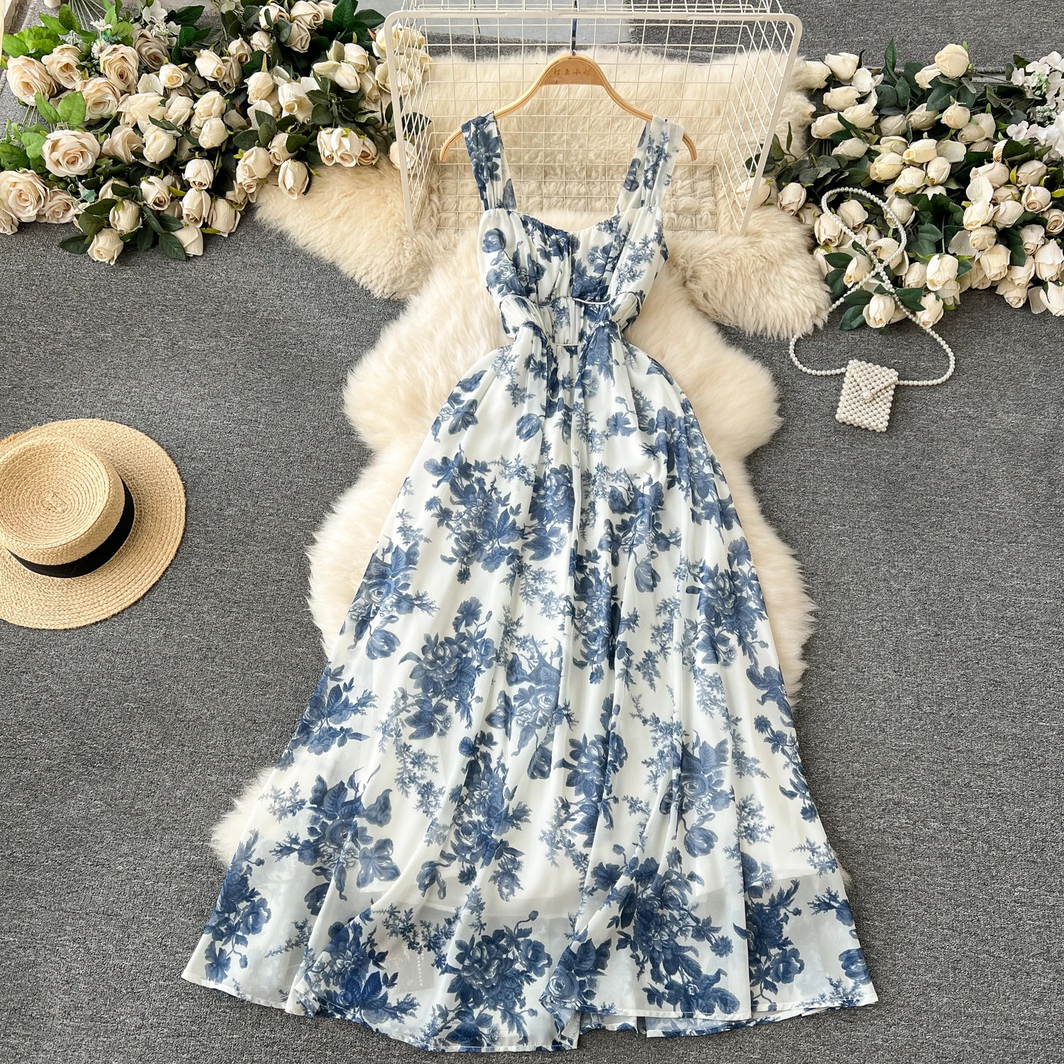 Chic Floral Print Slip Dress Elegant French Fashion Fairy Dresses High Waist A-line Vestidos Summer Women Beach Sundress Y2k