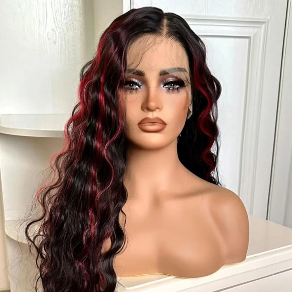 Black and Red Highlights Hair Loose Wave Synthetic Lace Front Wigs Glueless Burgundy Black Mix Color Highlighted Women Daily Use