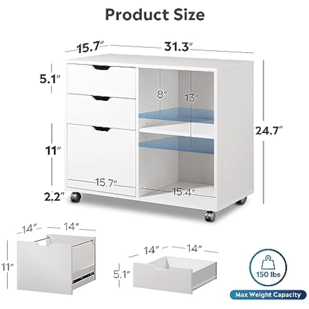 DEVAISE 3-Drawer Wood File Cabinet, Mobile Lateral Filing Cabinet, Printer Stand with Open Storage Shelves Home Office, White