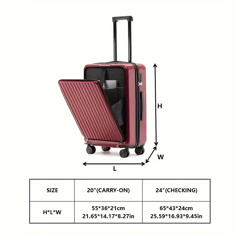 4 Colors 20/24 Inch Rolling Luggage with Front Opening,Charging Port,Foldable Cup Holder,ABS Material,Dry/Wet Separation Pocket