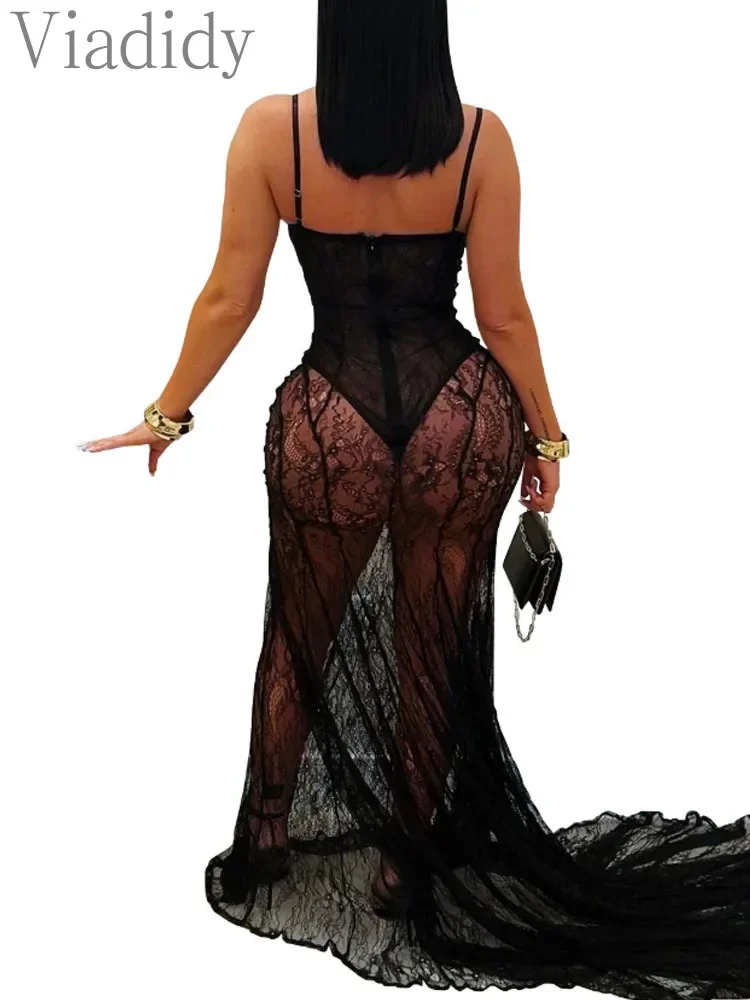 Sexy Spaghetti Strap Sleeveless Backless See Through Sheer Mesh Lace Floor-length Party Dress