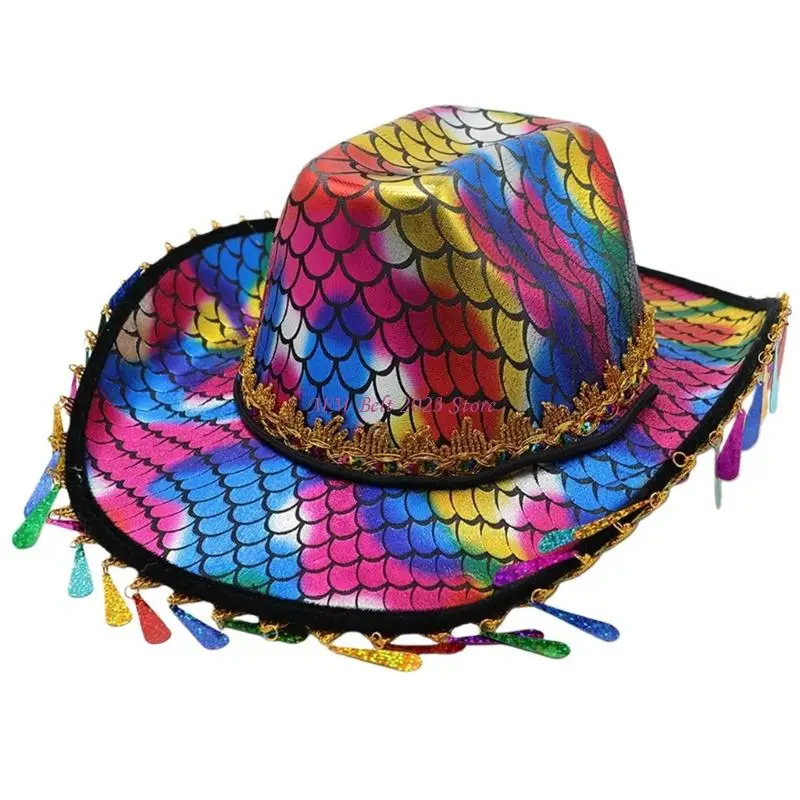 49ME Holiday Theme Hat with Rainbow Print and Fringe Trim for Music Festival Wear