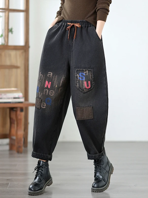 جينز أبي فضفاض مناسب للنساء كاجوال عالي الخصر مستقيم الساق مطبوع مريح للتنفس من القطن للخريف والشتاء #3