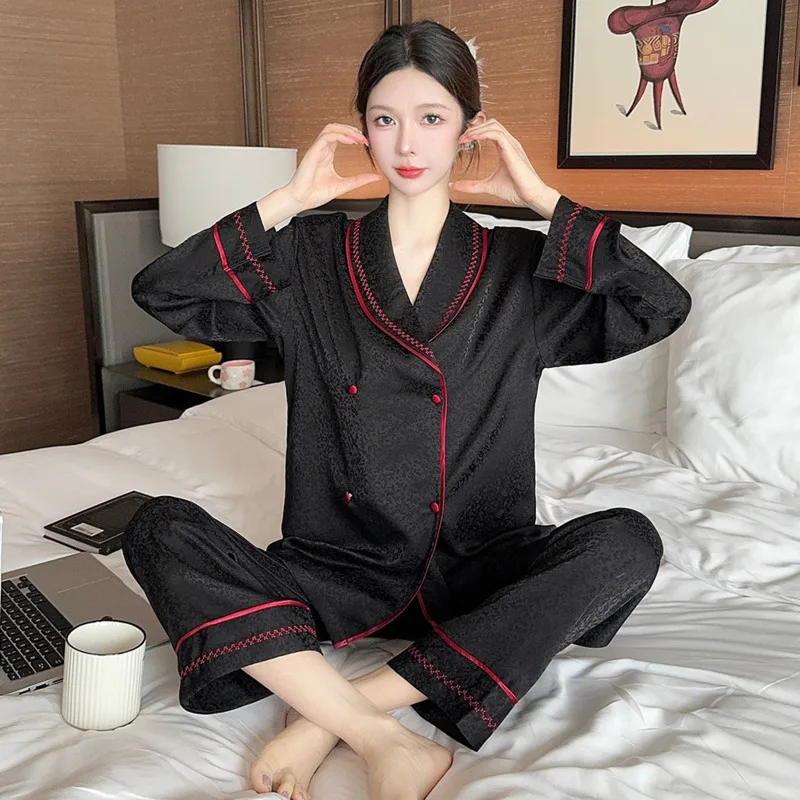 2024 Autumn New Two Piece Ins Style Pajamas Women Ice Silk Tiktok Jacquard Dark Stripe Luxury High Quality Elegant Nightgown Set