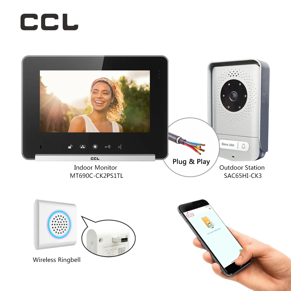 CCL 7 Inch Video Intercom Door Phone 4-Wire with Wireless Ringbell Camera Doorbell For Villa System Unlock with Shaking