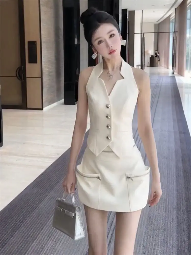 

New Summer Fashion 2 Piece Set Women Sexy Halter Sleeveless Single Breasted Bow Top + Pockets Mini Skirt Solid Color Suit