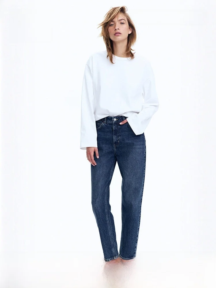 

High Waist Ankle-Length Mom Jeans Slim Fit Elegant Style Cotton Blend Stretch Denim Ladies Summer New Arrivals H&M 0941666