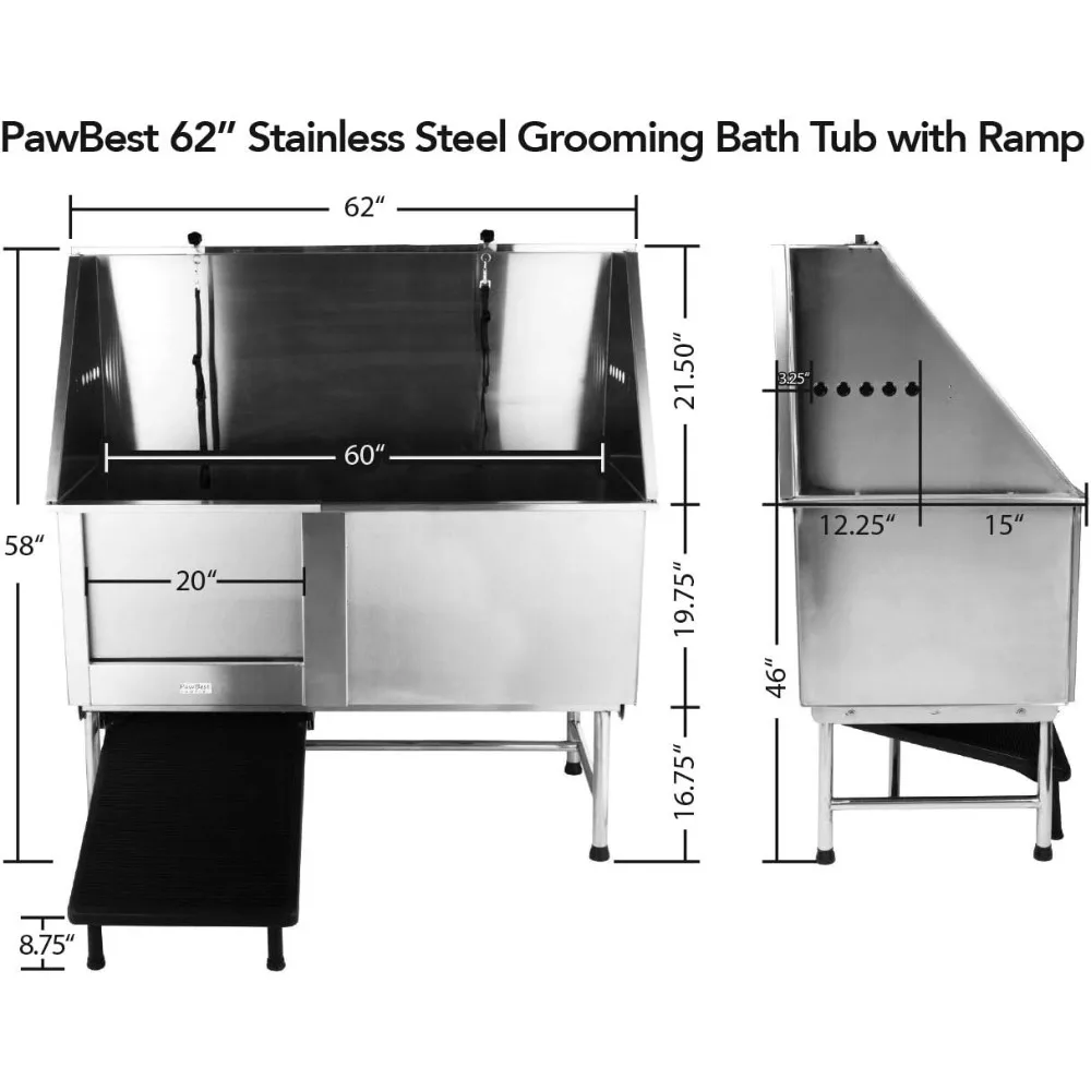 Stainless Steel Dog Grooming Bath Tub with Ramp, Faucet, Hoses and Loops (62