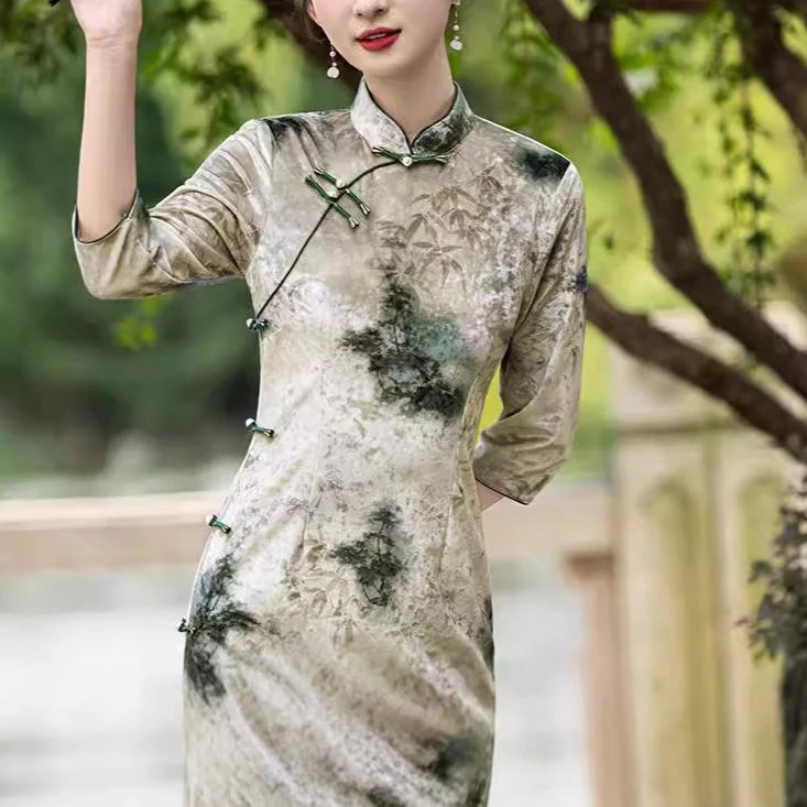 

Ele Young Sle Velvet Qipao Dr Autumn Winter Faion Retro Chinese Ink Painting Slimming Low Slit Long Sve Gown