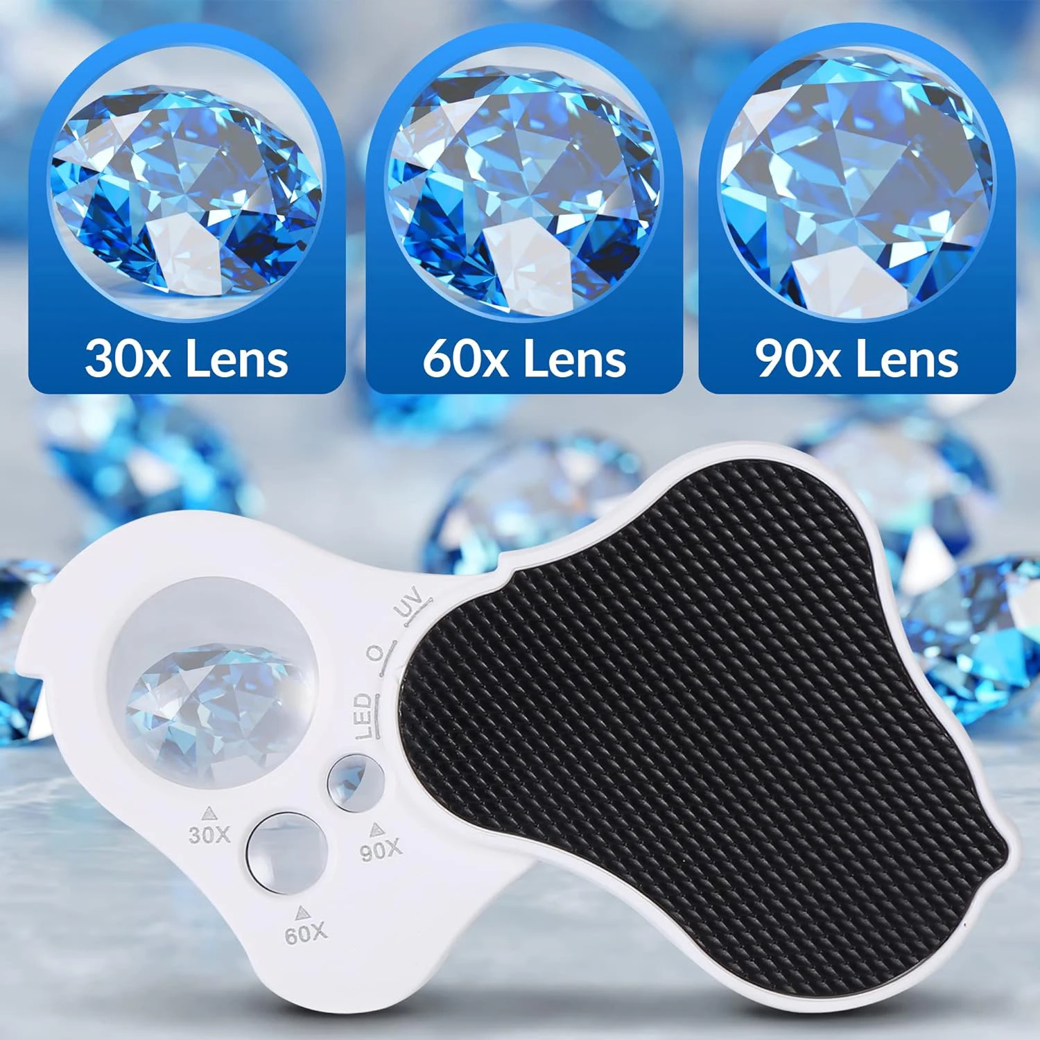 30X 60X 90X Illuminated Jewelry Loupe Magnifier Foldable Jewelers Magnifying Glass with UV/LED Lights Portable Pocket Magnifier