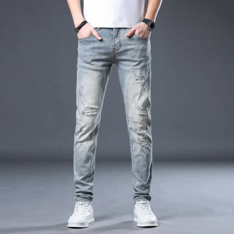 

Ripped Jeans Men Skinny Slim Fit Light Blue Stretch Streetwear Hip Hop Distressed Jeans Male Denim Trousers Patched Punk Jeans