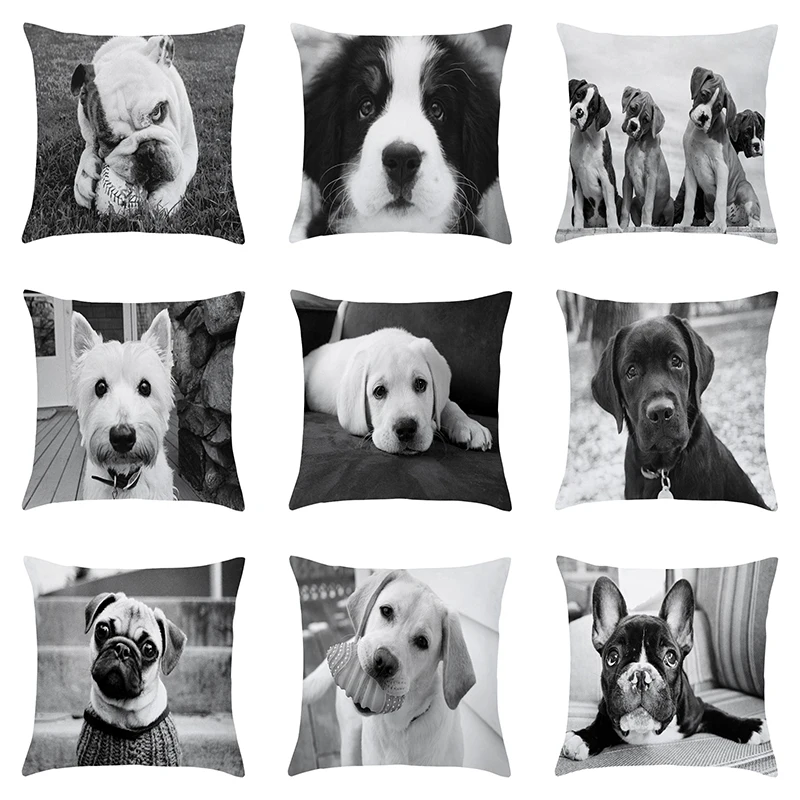 45x45cm Black and White Art Photo Cute Pet Puppy Office Sofa Cushion Pillow Cover